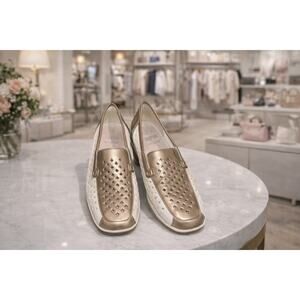 Jenny by Ara  White & Pewter Metallic  Perforated  Leather  Heeled Loafers 7.5